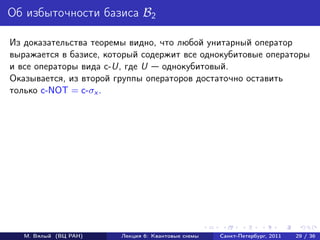 Об избыточности базиса B2

Из доказательства теоремы видно, что любой унитарный оператор
выражается в базисе, который содержит все однокубитовые операторы
и все операторы вида c-U, где U   однокубитовый.
Оказывается, из второй группы операторов достаточно оставить
только c-NOT = c-σx .




   М. Вялый (ВЦ РАН)    Лекция 6: Квантовые схемы   Санкт-Петербург, 2011   29 / 36
 