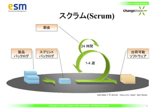 Seeing is understanding.




                     スクラム(Scrum)
                     スクラム
         朝会
         朝会




                                             24 時間
 製品
  製品    スプリント
        スプリント                                                                        出荷可能
                                                                                     出荷可能
バックログ
バックログ   バックログ
        バックログ                                                                       ソフトウェア
                                                                                    ソフトウェア
                                                 1-4 週




          Copyright (C) 2011 Change Vision Corporation. All Rights Reserved.                         9
 