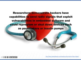 Researchers demonstrate hackers have
capabilities to send radio signals that exploit
  vulnerabilities in embedded software and
could reprogram or shut down devices such
      as pacemakers or insulin pumps




                           http://blog.castsoftware.com/hacking-the-heart-of-the-matter/
 