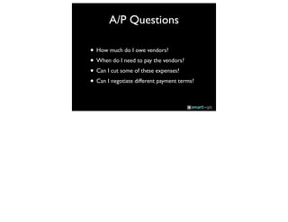 A/P Questions

• How much do I owe vendors?
• When do I need to pay the vendors?
• Can I cut some of these expenses?
• Can I negotiate different payment terms?
 