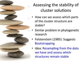 Assessing	
  the	
  stability	
  of	
  
cluster	
  solu9ons	
  
•  How	
  can	
  we	
  assess	
  which	
  parts	
  
of	
  the	
  cluster	
  structure	
  are	
  
stable?	
  
•  Similar	
  problem	
  in	
  phylogene9c	
  
research	
  
•  Felstenstein	
  (1985):	
  Suggests	
  
Bootstrapping	
  
•  Idea:	
  Resampling	
  from	
  the	
  data	
  
we	
  have	
  and	
  assess	
  which	
  
structures	
  remain	
  stable	
  
 
