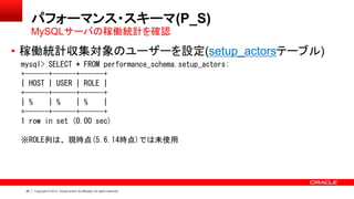 26 Copyright © 2013, Oracle and/or its affiliates. All rights reserved.
パフォーマンス・スキーマ(P_S)
• 稼働統計収集対象のユーザーを設定(setup_actorsテーブル)
MySQLサーバの稼働統計を確認
mysql> SELECT * FROM performance_schema.setup_actors;
+------+------+------+
| HOST | USER | ROLE |
+------+------+------+
| % | % | % |
+------+------+------+
1 row in set (0.00 sec)
※ROLE列は、現時点(5.6.14時点)では未使用
 