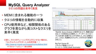 81 Copyright © 2013, Oracle and/or its affiliates. All rights reserved.
MySQL Query Analyzer
• MEMに含まれる機能の一つ
• クエリの情報を自動的に収集
• CPU使用率など、相関関係のある
グラフを見ながら高コストなクエリを
素早く発見
クエリの問題を素早く発見
「MySQL Query Analyzer を使用することで、問題のある
SQLコードを特定および解析して、データベースパフォー
マンスを3倍に改善することができました。さらに重要なこ
とに、これは、何週間もかからずに、わずか3日で実現で
きました」
Big Fish Games 社
ソフトウェア開発エンジニア
キース・ソーラダ氏 (Keith Souhrada)
※更に、クエリのチューニングが上手くいかない場合は、
「コンサルティングサポート」も利用可能！！
http://www-jp.mysql.com/support/consultative.html
⇒”クエリー・レビュー” 部分参照
 