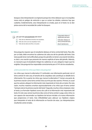 25
INFORME DE RESULTADOS PARA
EL DOCENTE - COMUNICACIÓN
bosques. Esta interpretación se originaría porque los niños deducen que si la orquídea
mono está en peligro de extinción o que se cortan los árboles, entonces hay que
cuidarlos. Evidentemente, esta interpretación es errada, pues en el texto no se dan
pistas acerca de la necesidad de cuidar los bosques.
Ejemplo 2
Esta pregunta requiere que el estudiante deduzca el tema central del texto. Para ello,
por un lado, debe encontrar los subtemas de cada uno de los párrafos del texto. Esta
tarea puede tener cierta dificultad, porque los párrafos no tienen una oración temática,
es decir, una oración que presente de manera explícita el tema del párrafo. Además,
es necesario que el estudiante integre los subtemas en una categoría mayor que los
englobe. Esta pregunta fue respondida correctamente por el 74 % de los estudiantes.
¿Cómo proceden los niños que fallan esta pregunta?
Los niños que marcan la alternativa “a” confunden una información particular con el
tema central. En este caso, el tamaño de las orquídeas solo constituye un detalle de la
información. Por su parte, los niños que marcan la alternativa “c” toman una parte de
la primera oración como tema central. Esto ocurriría por dos razones. Primero, es usual
que los autores ubiquen la información más importante al inicio de un texto. Por esta
razón, muchos maestros enseñan equivocadamente a los niños que el tema central
“siempre está en la primera oración del texto”. Segundo, muchos niños empiezan a leer
el texto y se formulan hipótesis acerca de cuál es la información más importante del
texto. En este caso, toman la primera idea como el tema central. Luego, estos niños no
son capaces de reacomodar sus hipótesis de lectura iniciales a la nueva información
que proporciona el texto. Esta inflexibilidad para adecuar sus hipótesis origina
que interpreten el resto de la información en función de estas. Las interpretaciones
resultantes serían erradas.
Capacidad: Infiere el
significado del texto
Indicador: Deduce el
tema central del texto
Nivel: Satisfactorio
¿De qué trata principalmente este texto?
Trata de los diferentes tamaños de orquídeas.
Trata de cómo son las orquídeas mono.
Trata de las selvas de Perú y Ecuador.
22.
a
b
c
 