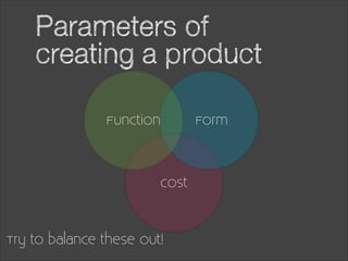 Parameters of
creating a product
Function

Cost

Try to balance these out!

Form

 
