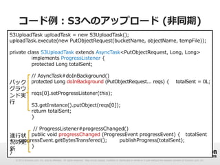 コード例例：S3へのアップロード  (⾮非同期)
S3UploadTask  uploadTask  =  new  S3UploadTask();
uploadTask.execute(new  PutObjectRequest(bucketName,  objectName,  tempFile));
private  class  S3UploadTask  extends  AsyncTask<PutObjectRequest,  Long,  Long>  
implements  ProgressListener  {
protected  Long  totalSent;

バック
グラウ
ンド実
⾏行行

//  AsyncTask#doInBackground()
protected  Long  doInBackground  (PutObjectRequest...  reqs)  {

totalSent  =  0L;

reqs[0].setProgressListener(this);
S3.getInstance().putObject(reqs[0]);
return  totalSent;
}

  //  ProgressListener#progressChanged()
進⾏行行状 public  void  progressChanged  (ProgressEvent  progressEvent)  { totalSent  
+=  progressEvent.getBytesTransfered();
publishProgress(totalSent);
況の更更
}
新
}
© 2012 Amazon.com, Inc. and its affiliates. All rights reserved. May not be copied, modified or distributed in whole or in part without the express consent of Amazon.com, Inc.

 