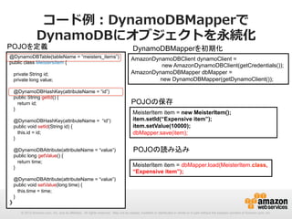 コード例例：DynamoDBMapperで
DynamoDBにオブジェクトを永続化

POJOを定義

@DynamoDBTable(tableName = “meisters_items”)
public class MeistersItem {
private String id;
private long value;
@DynamoDBHashKey(attributeName = “id”)
public String getId() {
return id;
}
@DynamoDBHashKey(attributeName = “id”)
public void setId(String id) {
this.id = id;
}
@DynamoDBAttribute(attributeName = “value”)
public long getValue() {
return time;
}

}

DynamoDBMapperを初期化

AmazonDynamoDBClient dynamoClient =
new AmazonDynamoDBClient(getCredentials());
AmazonDynamoDBMapper dbMapper =
new DynamoDBMapper(getDynamoClient());

POJOの保存
MeisterItem item = new MeisterItem();
item.setId(“Expensive item”);
item.setValue(10000);
dbMapper.save(item);

POJOの読み込み
MeisterItem item = dbMapper.load(MeisterItem.class,
“Expensive item”);

@DynamoDBAttribute(attributeName = “value”)
public void setValue(long time) {
this.time = time;
}
© 2012 Amazon.com, Inc. and its affiliates. All rights reserved. May not be copied, modified or distributed in whole or in part without the express consent of Amazon.com, Inc.

 