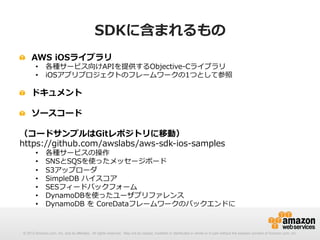 SDKに含まれるもの
!   AWS  iOSライブラリ

•  各種サービス向けAPIを提供するObjective-‐‑‒Cライブラリ
•  iOSアプリプロジェクトのフレームワークの1つとして参照

!   ドキュメント
!   ソースコード
（コードサンプルはGitレポジトリに移動）
https://github.com/awslabs/aws-‐‑‒sdk-‐‑‒ios-‐‑‒samples
• 
• 
• 
• 
• 
• 
• 

各種サービスの操作
SNSとSQSを使ったメッセージボード
S3アップローダ
SimpleDB  ハイスコア
SESフィードバックフォーム
DynamoDBを使ったユーザプリファレンス
DynamoDB  を  CoreDataフレームワークのバックエンドに

© 2012 Amazon.com, Inc. and its affiliates. All rights reserved. May not be copied, modified or distributed in whole or in part without the express consent of Amazon.com, Inc.

 