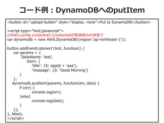 コード例例：DynamoDBへのputItem
<button  id="upload-‐‑‒button"  style="display:  none">Put  to  DynamoDB</button>
<script  type="text/javascript”>
//AWS.conﬁg.credentialにCredentialが取得済みの状態で
var  dynamodb  =  new  AWS.DynamoDB({region:'ap-‐‑‒northeast-‐‑‒1'});
button.addEventListener('click',  function()  {
          var  params  =  {
                      TableName:  'test',
                                Item:  {
                                        'title':  {S:  appId  +  'aaa'},
                                        'message':  {S:  'Good  Morning'}
                    }
          };
        dynamodb.putItem(params,  function(err,  data)  {
                    if  (err)  {
                                        console.log(err);
                    }else{
                                        console.log(data);
                    }
          });
},  false);
</script>
© 2012 Amazon.com, Inc. and its affiliates. All rights reserved. May not be copied, modified or distributed in whole or in part without the express consent of Amazon.com, Inc.

 