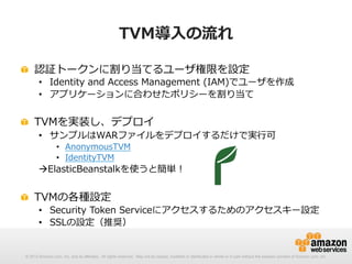TVM導⼊入の流流れ
!   認証トークンに割り当てるユーザ権限を設定

•  Identity  and  Access  Management  (IAM)でユーザを作成
•  アプリケーションに合わせたポリシーを割り当て

!   TVMを実装し、デプロイ

•  サンプルはWARファイルをデプロイするだけで実⾏行行可
•  AnonymousTVM
•  IdentityTVM

àElasticBeanstalkを使うと簡単！

!   TVMの各種設定

•  Security  Token  Serviceにアクセスするためのアクセスキー設定
•  SSLの設定（推奨）

© 2012 Amazon.com, Inc. and its affiliates. All rights reserved. May not be copied, modified or distributed in whole or in part without the express consent of Amazon.com, Inc.

 