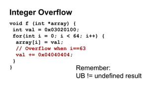 Integer Overflow
Remember:
UB != undefined result
void f (int *array) {
int val = 0x03020100;
for(int i = 0; i < 64; i++) {
array[i] = val;
// Overflow when i==63
val += 0x04040404;
}
}
 