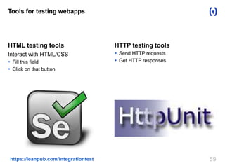 Tools for testing webapps 
HTML testing tools 
Interact with HTML/CSS 
 Fill this field 
 Click on that button 
HTTP testing tools 
 Send HTTP requests 
 Get HTTP responses 
https://leanpub.com/integrationtest 59 
 