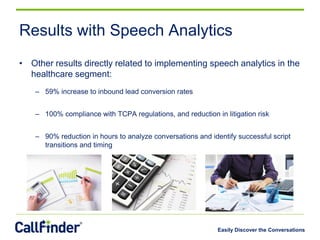 Easily Discover the Conversations 
Results with Speech Analytics 
•Other results directly related to implementing speech analytics in the healthcare segment: 
–59% increase to inbound lead conversion rates 
–100% compliance with TCPA regulations, and reduction in litigation risk 
–90% reduction in hours to analyze conversations and identify successful script transitions and timing  