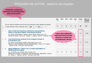 36	
  
PESQUISA DE AUTOR:
 relatório de citações
DESCENDO	
  A	
  BARRA	
  DE	
  
ROLAGEM,	
  HÁ	
  INFORMAÇÕES	
  
MAIS	
  DETALHADAS	
  
CLIQUE	
  NOS	
  NÚMEROS	
  	
  
PARA	
  IDENTIFICAR	
  QUAIS	
  
ARTIGOS	
  CITARAM	
  UM	
  
DETERMINADO	
  ARTIGO	
  
 
