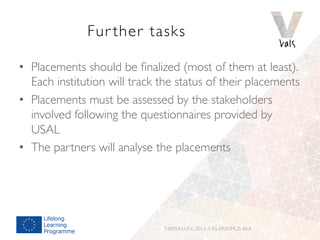 Fur ther tasks
•  Placements should be ﬁnalized (most of them at least).
Each institution will track the status of their placements
•  Placements must be assessed by the stakeholders
involved following the questionnaires provided by
USAL
•  The partners will analyse the placements
540054-LLP-L-2013-1-ES-ERASMUS-EKA
 
