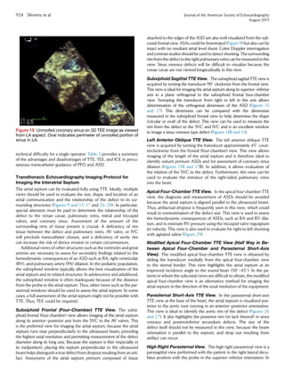 technical difficulty for a single operator. Table 2 provides a summary
of the advantages and disadvantages of TTE, TEE, and ICE in percu-
taneous transcatheter guidance of PFO and ASD.
Transthoracic Echocardiography Imaging Protocol for
Imaging the Interatrial Septum
The atrial septum can be evaluated fully using TTE. Ideally, multiple
views should be used to evaluate the size, shape, and location of an
atrial communication and the relationship of the defect to its sur-
rounding structures (Figures 9 and 13–17 and 26–28). In particular,
special attention must be paid to determine the relationship of the
defect to the venae cavae, pulmonary veins, mitral and tricuspid
valves, and coronary sinus. Assessment of the amount of the
surrounding rims of tissue present is crucial. A deficiency of rim
tissue between the defect and pulmonary veins, AV valve, or IVC
will preclude transcatheter closure, and a deficiency of aortic rim
can increase the risk of device erosion in certain circumstances.
Additional views of other structures such as the ventricles and great
arteries are necessary to assess for secondary findings related to the
hemodynamic consequences of an ASD such as RA, right ventricular
(RV), and pulmonary artery (PA) dilation. In the pediatric population,
the subxiphoid window typically allows the best visualization of the
atrial septum and its related structures. In adolescence and adulthood,
the subxiphoid window is often inadequate because of the distance
from the probe to the atrial septum. Thus, other views such as the par-
asternal windows should be used to assess the atrial septum. In some
cases, a full assessment of the atrial septum might not be possible with
TTE. Thus, TEE could be required.
Subxiphoid Frontal (Four-Chamber) TTE View. The subxi-
phoid frontal (four-chamber) view allows imaging of the atrial septum
along its anterior–posterior axis from the SVC to the AV valves. This
is the preferred view for imaging the atrial septum, because the atrial
septum runs near perpendicularly to the ultrasound beam, providing
the highest axial resolution and permitting measurement of the defect
diameter along its long axis. Because the septum is thin (especially in
its midportion), placing the septum perpendicular to the ultrasound
beam helpsdistinguisha true defect fromdropout resultingfroman arti-
fact. Aneurysms of the atrial septum primum composed of tissue
attached to the edges of the ASD are also well visualized from the sub-
costal frontal view. ASAs could be fenestrated (Figure 9) but also can be
intact with no resultant atrial level shunt. Color Doppler interrogation
and contrast studies should be used to detect shunting. Thesurrounding
rimfromthedefecttothe right pulmonary veins can be measuredinthis
view. Sinus venosus defects will be difficult to visualize because the
venae cavae are not viewed longitudinally in this view.
Subxiphoid Sagittal TTE View. Thesubxiphoidsagittal TTE viewis
acquired by turning the transducer 90
clockwise from the frontal view.
This view is ideal for imaging the atrial septum along its superior–inferior
axis in a plane orthogonal to the subxiphoid frontal four-chamber
view. Sweeping the transducer from right to left in this axis allows
determination of the orthogonal dimension of the ASD (Figures 15
and 17). This dimension can be compared with the dimension
measured in the subxiphoid frontal view to help determine the shape
(circular or oval) of the defect. This view can be used to measure the
rim from the defect to the SVC and IVC and is an excellent window
to image a sinus venosus type defect (Figures 14B and 15).
Left Anterior Oblique TTE View. The left anterior oblique TTE
view is acquired by turning the transducer approximately 45
coun-
terclockwise from the frontal (four-chamber) view. This view allows
imaging of the length of the atrial septum and is therefore ideal to
identify ostium primum ASDs and for assessment of coronary sinus
dilation (Figures 13B and 17B). In addition, it allows evaluation of
the relation of the SVC to the defect. Furthermore, this view can be
used to evaluate the entrance of the right-sided pulmonary veins
into the heart.
Apical Four-Chamber TTE View. In the apical four-chamber TTE
view, the diagnosis and measurement of ASDs should be avoided
because the atrial septum is aligned parallel to the ultrasound beam.
Thus, artifactual dropout is frequently seen in this view, which could
result in overestimation of the defect size. This view is used to assess
the hemodynamic consequences of ASDs, such as RA and RV dila-
tion, and to estimate RV pressure using the tricuspid valve regurgitant
jet velocity. This view is also used to evaluate for right-to-left shunting
with agitated saline (Figure 29).
Modified Apical Four-Chamber TTE View (Half Way in Be-
tween Apical Four-Chamber and Parasternal Short-Axis
View). The modified apical four-chamber TTE view is obtained by
sliding the transducer medially from the apical four-chamber view
to the sternal border. This view highlights the atrial septum at an
improved incidence angle to the sound bean (30
–45
). In the pa-
tients in whom the subcostal views are difficult to obtain, the modified
apical four-chamber view is an alternative method for imaging the
atrial septum in the direction of the axial resolution of the equipment.
Parasternal Short-Axis TTE View. In the parasternal short-axis
TTE view at the base of the heart, the atrial septum is visualized pos-
terior to the aortic root running in an anterior–posterior orientation.
This view is ideal to identify the aortic rim of the defect (Figures 26
and 27). It also highlights the posterior rim (or lack thereof) in sinus
venosus and posteroinferior secundum defects. The size of the
defect itself should not be measured in this view, because the beam
orientation is parallel to the septum, and drop out resulting from
artifact can occur.
High Right Parasternal View. The high right parasternal view is a
parasagittal view performed with the patient in the right lateral decu-
bitus position with the probe in the superior–inferior orientation. In
Figure 19 Unroofed coronary sinus on 3D TEE image as viewed
from LA aspect. Oval indicates perimeter of unroofed portion of
sinus in LA.
924 Silvestry et al Journal of the American Society of Echocardiography
August 2015
 