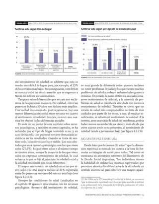 Barómetro de la Deuda Social con las personas mayores | 133
sin sentimientos de soledad, se advierte que esto es
mucho más difícil de lograr para, por ejemplo, el 25%
de los estratos más bajos. Por consiguiente, este déficit
se suma a todas las otras carencias que se expresan a
través del estrato socioeconómico.
Tampoco estos diferenciales por estrato son exclu-
sivos de las personas mayores. En realidad, entre las
personas de hasta 59 años son incluso más amplios.
Con la edad más avanzada, podría pensarse, hay una
menor diferenciación social entre estratos en cuanto
al sentimiento de soledad. La vejez, en este caso, sua-
viza los efectos de las diferencias sociales.
En más de un punto de este capítulo sobre recur-
sos psicológicos, y también en otros capítulos, se ha
señalado que el tipo de hogar (convivir o no; y en
caso de hacerlo, con quiénes) no tiene demasiada in-
cidencia en los resultados. Cuando se trata de sen-
tirse solo, la incidencia se hace visible. Los más afec-
tados por esta carencia psicológica son los que viven
solos (27,3%). Es que viven solos y al mismo tiempo
se sienten solos, aunque la mayoría de los que viven
solos no expresan sentimientos de soledad, lo cual
refuerza lo que se dijo al principio: la soledad social y
la soledad emocional son cosas diferentes.
El mayor sentimiento de soledad entre los que vi-
ven solos (27,3%) supera incluso al 21% registrado
entre las personas mayores del estrato más bajo (ver
figura 4.2.2.5).
Siempre las condiciones de salud (analizadas en
el capítulo 3) aparecen relacionadas con los recursos
psicológicos. Respecto del sentimiento de soledad,
es muy grande la diferencia entre quienes declaran
no tener problemas de salud y los que tienen muchos
problemas de salud o padecen enfermedades graves o
crónicas. Un estado de salud crítico va asociado a ma-
yores sentimientos de soledad; y la ausencia de pro-
blemas de salud se manifiesta vinculada con menores
sentimientos de soledad. También es cierto que un
estado de salud más comprometido necesita de más
cuidados por parte de los otros, y que, al resultar in-
suficientes, se refuerza el sentimiento de soledad. A la
inversa, ante un estado de salud sin problemas, podría
haber menos necesidad de los otros y, más allá de que
otros sujetos estén o no presentes, el sentimiento de
soledad tiende a permanecer bajo (ver figura 4.2.2.6).
No sentir paz espiritual
Desde hace por lo menos 30 años12
que la dimen-
sión espiritual es tomada en cuenta a la hora de for-
mular estrategias de salud para todos. Tal como se
menciona en anteriores informes del Barómetro de
la Deuda Social Argentina, “los individuos tienen
la habilidad de utilizar los recursos espirituales que
permiten afrontar las dificultades de la vida desde un
sentido existencial, para obtener una mayor capaci-
12	 En 1984, en la 37ª Asamblea Mundial de la Salud, se reconoció
“que la dimensión espiritual contribuye en gran medida a motivar
a las poblaciones en la búsqueda de su propia realización en todos
los aspectos de la vida”.
Años 2010 a 2013. En porcentaje de población de 60 años y más.FIGURA 4.2.2.5
0
6
12
18
24
30 27.3%
11.9% 11.5%
14.7%
FUENTE: EDSA-BICENTENARIO (2010-2016). ODSA, UCA.
PERSONAS EN
HOGARES
UNIPERSONALES
PERSONAS EN
HOGARES
MULTIPERSONALES
PUROS
PERSONAS EN
HOGARES
MULTIPERSONALES
MIXTOS
TOTAL
(60 AÑOS Y MÁS)
Sentirse solo según tipo de hogar
Años 2010 a 2013. En porcentaje de población de 18 años y más.FIGURA 4.2.2.6
0
6
12
18
24
30
9.2% 8.5% 9.1%
12.7%
26.8%
22.0%
24.5%
FUENTE: EDSA-BICENTENARIO (2010-2016). ODSA, UCA.
No tiene problemas de salud
Tiene bastantes problemas/enfermedades crónicas
18 A 59 AÑOS 60 AÑOS Y MÁS
TOTAL DE LA
POBLACIÓN
TOTAL
Sentirse solo según percepción de estado de salud
 