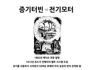 증기터빈 전기모터
1882년 에디슨 전등 발명
1913년 포드가 컨베이어 밸트 시스템 도입
전기를 사용하기 시작한지 50여년 후에야 미국 공장의 반이 전력화 함
 