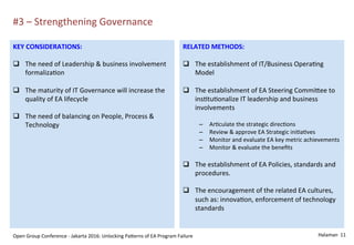 Halaman	
  	
  11	
  	
  
#3	
  –	
  Strengthening	
  Governance	
  
Open	
  Group	
  Conference	
  -­‐	
  Jakarta	
  2016:	
  Unlocking	
  PaOerns	
  of	
  EA	
  Program	
  Failure	
  
KEY	
  CONSIDERATIONS:	
  
	
  
q  The	
  need	
  of	
  Leadership	
  &	
  business	
  involvement	
  
formalizaSon	
  
q  The	
  maturity	
  of	
  IT	
  Governance	
  will	
  increase	
  the	
  
quality	
  of	
  EA	
  lifecycle	
  
q  The	
  need	
  of	
  balancing	
  on	
  People,	
  Process	
  &	
  
Technology	
  
RELATED	
  METHODS:	
  
	
  
q  The	
  establishment	
  of	
  IT/Business	
  OperaSng	
  
Model	
  
q  The	
  establishment	
  of	
  EA	
  Steering	
  CommiOee	
  to	
  
insStuSonalize	
  IT	
  leadership	
  and	
  business	
  
involvements	
  
–  ArSculate	
  the	
  strategic	
  direcSons	
  
–  Review	
  &	
  approve	
  EA	
  Strategic	
  iniSaSves	
  
–  Monitor	
  and	
  evaluate	
  EA	
  key	
  metric	
  achievements	
  
–  Monitor	
  &	
  evaluate	
  the	
  beneﬁts	
  
q  The	
  establishment	
  of	
  EA	
  Policies,	
  standards	
  and	
  
procedures.	
  
q  The	
  encouragement	
  of	
  the	
  related	
  EA	
  cultures,	
  
such	
  as:	
  innovaSon,	
  enforcement	
  of	
  technology	
  
standards	
  
 