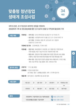 1412017년도 창업지원사업
맞춤형 청년창업
생태계 조성사업
지
자
체
지
원
사
업
Ⅱ
’17년 2월 (예정)
각 접수처 방문 접수
(초기창업, 청년→경제통상진흥원, 대학→각 대학 접수처)
참가신청서, 사업계획서 등 공고문 참조
신청기간
신청방법
제출서류
참가자 모집
지원대상
사업 개요 - 대학 창업 : 관내 대학(원)생 및 졸업 후 1년 이내인 자
- 청년 창업 : 대전광역시에 주소를 둔 만 20~39세 이하인 자
- 초기 창업 : 관내에서 창업 후 3년이내의 초기 창업자
(대표자 만 39세 이하)
지원내용 - 창업 자금 : 예비창업자 2,500만원, 초기 창업기업 1억원 한도로
지원 대상을 2개군 (기술,지식)으로 구분하여 차등 지원
- 창업 교육 : 창업자의 역량 강화를 위해 다양한 전문교육 프로그램을
시행하고 창업기업의 애로사항 해결을 위한 전문 멘토링을 지원
- 후속 지원 : 창업기업의 안정적 성장을 위해 시제품 제작, 디자인 개발,
해외 시장 개척 등 기술 상용화, 판로, 네트워크 지원
지원예산 및 규모 2,000백만원, 75개사 내외
사업 절차 지원대상 선정
협약 체결
사업 공고
사후관리
신청 · 접수
완료 평가
선정 평가
중간 점검
문의 대전광역시 기업지원과 강소기업육성담당 042-270-3701
대전경제통상진흥원 기업지원부 042-380-3032
대전
34
대학 및 청년, 초기기업 등의 체계적인 창업을 지원하여,
창업생태계 구축 및 창업 활성화를 통한 신규 일자리 창출 및 지역경제 활성화에 기여
 