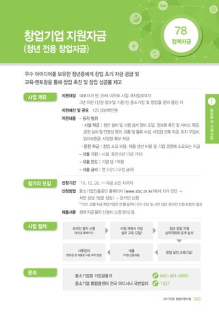 중
앙
부
처
지
원
사
업
Ⅰ
0932017년도 창업지원사업
지원대상
지원예산 및 규모
지원내용
사업 개요 대표자가 만 39세 이하로 사업 개시일로부터
3년 미만 (신청·접수일 기준)인 중소기업 및 창업을 준비 중인 자
120,000백만원
- 융자 범위
· 시설 자금 : 생산 설비 및 시험 검사 장비 도입, 정보화 촉진 및 서비스 제공,
공정 설치 및 안정성 평가, 유통 및 물류 시설, 사업장 건축 자금, 토지 구입비,
임차보증금, 사업장 확보 자금
· 운전 자금 : 창업 소요 비용, 제품 생산 비용 및 기업 경영에 소요되는 자금
- 대출 기간 : 시설, 운전 6년 (3년 거치)
- 대출 한도 : 기업 당 1억원
- 대출 금리 : 연 2.0% (고정 금리)
’16. 12. 26. ~ 자금 소진 시까지신청기간참가자 모집
중소기업진흥공단 홈페이지 (www.sbc.or.kr)에서 자가 진단 →
사전 상담 (방문 상담) → 온라인 신청
* 다만, 당월 자금 희망기업은 전 월 말까지 자가 진단 및 사전 상담 (온라인 신청 포함)이 필요
정책 자금 융자 신청서 (소정 양식) 등
신청방법
제출서류
창업기업지원자금
(청년 전용 창업자금)
사업 절차 온라인 융자 신청
(중진공 홈페이지)
사업 계획서 작성
실무 교육 (2일)
청년 창업 지원
심의위원회 공개 심사
사후관리
(멘토링 및 대출금 사용 내역 점검)
대출
(직접·신용대출)
창업 실전 교육(3일)
문의
중소기업청 기업금융과
중소기업 통합콜센터 전국 어디서나 국번없이 1357
042-481-6865
정책자금
78
우수 아이디어를 보유한 청년층에게 창업 초기 자금 공급 및
교육·멘토링을 통해 창업 촉진 및 창업 성공률 제고
 