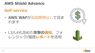 AWS Shield Advance
• AWS WAFが追加費⽤なしで含ま
れます
• L3/L4も含めた攻撃の通知、フォ
レンジック/履歴レポートを活⽤
Self-service
35
 