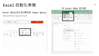 Excel 自動化準備
自 Excel 2016 起內建
Excel 2013(含以前)需安裝 Power Query
26
 