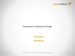 November-2017 QuantConnect – Risk Control with Trailing Stops and Options Page 15
Experiment 2: Buying Put Hedge
SPY Backtest
IBM Backtest
 