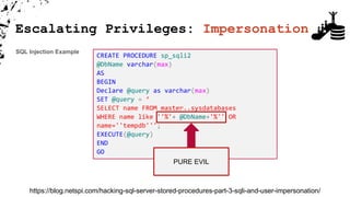 SQL Injection Example
CREATE PROCEDURE sp_sqli2
@DbName varchar(max)
AS
BEGIN
Declare @query as varchar(max)
SET @query = ‘
SELECT name FROM master..sysdatabases
WHERE name like ''%'+ @DbName+'%'' OR
name=''tempdb''';
EXECUTE(@query)
END
GO
PURE EVIL
https://blog.netspi.com/hacking-sql-server-stored-procedures-part-3-sqli-and-user-impersonation/
Escalating Privileges: Impersonation
 
