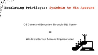 OS Command Execution Through SQL Server
=
Windows Service Account Impersonation
Escalating Privileges: SysAdmin to Win Account
 