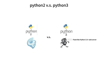python2 v.s. python3
v.s.
Flask-like Python 3.5+ web server
 
