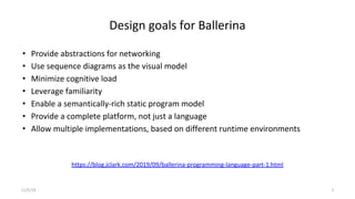 Design goals for Ballerina
• Provide abstractions for networking
• Use sequence diagrams as the visual model
• Minimize cognitive load
• Leverage familiarity
• Enable a semantically-rich static program model
• Provide a complete platform, not just a language
• Allow multiple implementations, based on different runtime environments
11/5/19 5
https://blog.jclark.com/2019/09/ballerina-programming-language-part-1.html
 