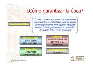 Comités deComités de EticaEtica
Cuando se recurre a seres humanos como
participantes en estudios científicos, como
suele ocurrir en la investigación aplicada
en salud, debe garantizarse la protección
de sus derechos como personas
¿Cómo garantizar la ética?¿Cómo garantizar la ética?
Manuel Amezcua
BeneficienciaBeneficiencia
Evitar daños
Coste-beneficio
DignidadDignidad
Autodeterminación
Derecho a la
Información
ConsentimientoConsentimiento
informado
PrivacidadPrivacidad
Anonimato
Confidencialidad
 