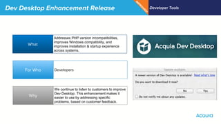 Dev Desktop Enhancement Release Developer Tools
What
Why
For Who
Addresses PHP version incompatibilities,
improves Windows compatibility, and
improves installation & startup experience
across systems.
Developers
We continue to listen to customers to improve
Dev Desktop. This enhancement makes it
easier to use by addressing specific
problems, based on customer feedback.
N
EW
!
IM
PRO
VED
!
 