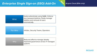 Enterprise Single Sign-on (SSO) Add-On Acquia Cloud (Elite only)
What
Why
For Who
Easily authenticate using SAML. Enforce
your password policies. Easily manage
addition and removal of users
automatically.
InfoSec, Security Teams, Operators
Reduced effort to manage identity
Improved governance across IT managed
systems
N
EW
!
 
