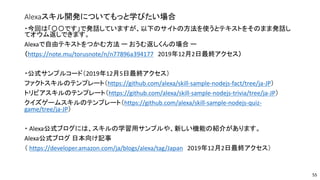 Alexaスキル開発についてもっと学びたい場合
・今回は「〇〇です」で発話していますが、以下のサイトの方法を使うとテキストをそのまま発話し
てオウム返しできます。
Alexaで自由テキストをつかむ方法 ー おうむ返しくんの場合 ー
（https://note.mu/torusnote/n/n77896a394177 2019年12月2日最終アクセス）
・公式サンプルコード（2019年12月5日最終アクセス）
ファクトスキルのテンプレート（https://github.com/alexa/skill-sample-nodejs-fact/tree/ja-JP）
トリビアスキルのテンプレート（https://github.com/alexa/skill-sample-nodejs-trivia/tree/ja-JP）
クイズゲームスキルのテンプレート（https://github.com/alexa/skill-sample-nodejs-quiz-
game/tree/ja-JP）
・ Alexa公式ブログには、スキルの学習用サンプルや、新しい機能の紹介があります。
Alexa公式ブログ 日本向け記事
（ https://developer.amazon.com/ja/blogs/alexa/tag/Japan 2019年12月2日最終アクセス）
55
 