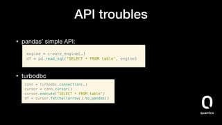 API troubles
• pandas’ simple API:  


• turbodbc 
 
