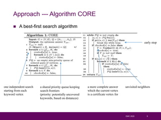 ISWC 2020 9
Approach --- Algorithm CORE
 A best-first search algorithm
one independent search
starting from each
keyword vertex
a shared priority queue keeping
search frontiers
(priority: potentially uncovered
keywords, based on distances)
a more complete answer
which the current vertex
is a certificate vertex for
early stop
unvisited neighbors
 