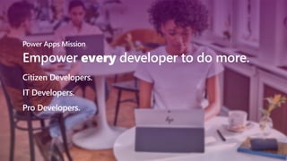 Empower every developer to do more.
Power Apps Mission
Citizen Developers.
Pro Developers.
IT Developers.
 