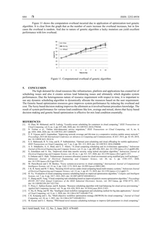  ISSN: 2252-8938
Int J Artif Intell, Vol. 12, No. 2, June 2023: 678-685
684
Figure 11 shows the computation overhead incurred due to application of optimization tool genetic
algorithm. It is clear from the graph that as the number of users increase the overhead increases, but in few
cases the overhead is random. And due to nature of genetic algorithm a lucky mutation can yield excellent
performance with low overhead.
Figure 11. Computational overhead of genetic algorithm
5. CONCLUSION
The high demand for cloud resources like infrastructure, platform and applications has created lot of
scheduling issues and also it creates serious load balancing issues and ultimately which degrades system
performances. Due the heterogeneous nature of resource requirement with respect to time, it is important to
use any dynamic scheduling algorithm to dynamically allocate the resources based on the user requirement.
The Genetic based optimization resources gave improves system performance by reducing the overhead and
cost. The fuzzy based decision making improves the allotment as it involved human procedure knowledge. The
result of system performance for various load conditions like low, average and mixed, shows that fuzzy based
decision making and genetic based optimization is effective for mix load condition essentially.
REFERENCES
[1] D. Zhao, M. Mohamed, and H. Ludwig, “Locality-aware scheduling for containers in cloud computing,” IEEE Transactions on
Cloud Computing, vol. 8, no. 2, pp. 635–646, 2020, doi: 10.1109/TCC.2018.2794344.
[2] N. Tziritas et al., “Online inter-datacenter service migrations,” IEEE Transactions on Cloud Computing, vol. 8, no. 4,
pp. 1054–1068, 2020, doi: 10.1109/TCC.2017.2680439.
[3] V. P. Vijayan and E. Gopinathan, “Improving network coverage and life-time in a cooperative wireless mobile sensor network,”
Proceedings-2014 4th International Conference on Advances in Computing and Communications, ICACC 2014, pp. 42–45, 2014,
doi: 10.1109/ICACC.2014.16.
[4] S. E. Mahmoodi, R. N. Uma, and K. P. Subbalakshmi, “Optimal joint scheduling and cloud offloading for mobile applications,”
IEEE Transactions on Cloud Computing, vol. 7, no. 2, pp. 301–313, 2019, doi: 10.1109/TCC.2016.2560808.
[5] A. S. Abdalkafor, A. A. Jihad, and E. T. Allawi, “A cloud computing scheduling and its evolutionary approaches,” Indonesian
Journal of Electrical Engineering and Computer Science, vol. 21, no. 1, pp. 489–496, 2021, doi: 10.11591/ijeecs.v21.i1.pp489-496.
[6] S. Zaineldeen and A. Ate, “Improved cloud data transfer security using hybrid encryption algorithm,” Indonesian Journal of
Electrical Engineering and Computer Science, vol. 20, no. 1, pp. 521–527, 2020, doi: 10.11591/ijeecs.v20.i1.pp521-527.
[7] S. Ouhame and Y. Hadi, “Enhancement in resource allocation system for cloud environment using modified grey wolf technique,”
Indonesian Journal of Electrical Engineering and Computer Science, vol. 20, no. 3, pp. 1530–1537, 2020,
doi: 10.11591/ijeecs.v20.i3.pp1530-1537.
[8] M. Parra-Royon and J. M. Benítez, “Fuzzy systems-as-a-service in cloud computing,” International Journal of Computational
Intelligence Systems, vol. 12, no. 2, pp. 1162–1172, 2019, doi: 10.2991/ijcis.d.190912.001.
[9] J. K. R. Sastry and M. T. Basu, “Securing SAAS service under cloud computing based multi-tenancy systems,” Indonesian Journal
of Electrical Engineering and Computer Science, vol. 13, no. 1, pp. 65–71, 2019, doi: 10.11591/ijeecs.v13.i1.pp65-71.
[10] H. Yu, “Evaluation of cloud computing resource scheduling based on improved optimization algorithm,” Complex and Intelligent
Systems, vol. 7, no. 4, pp. 1817–1822, 2021, doi: 10.1007/s40747-020-00163-2.
[11] Y. Zhang and R. Yang, “Cloud computing task scheduling based on improved particle swarm optimization algorithm,” Proceedings
IECON 2017-43rd Annual Conference of the IEEE Industrial Electronics Society, vol. 2017-Janua, pp. 8768–8772, 2017,
doi: 10.1109/IECON.2017.8217541.
[12] V. Priya, C. Sathiya Kumar, and R. Kannan, “Resource scheduling algorithm with load balancing for cloud service provisioning,”
Applied Soft Computing Journal, vol. 76, pp. 416–424, 2019, doi: 10.1016/j.asoc.2018.12.021.
[13] Y. Hu, H. Wang, and W. Ma, “Intelligent cloud workflow management and scheduling method for big data applications,” Journal
of Cloud Computing, vol. 9, no. 1, 2020, doi: 10.1186/s13677-020-00177-8.
[14] J. K. Konjaang and L. Xu, “Multi-objective workflow optimization strategy (MOWOS) for cloud computing,” Journal of Cloud
Computing, vol. 10, no. 1, 2021, doi: 10.1186/s13677-020-00219-1.
[15] M. Kumar and S. C. Sharma, “PSO-based novel resource scheduling technique to improve QoS parameters in cloud computing,”
 