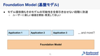 15
● モデル提供側もそのモデルの可能性を全部引き出せない段階に到達
○ ユーザーに新しい価値を開拓・発見してほしい
Foundation Model (基盤モデル)
Foundation Model
Application 1 Application 2 Application 3 ,,, and more!?
 