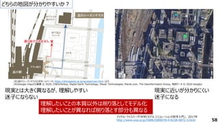 どちらの地図が分かりやすいか？
58
現実とは大きく異なるが、理解しやすい
迷子にならない
現実に近いが分かりにくい
迷子になる
理解したいことの本質以外は削り落としてモデル化
理解したいことが異なれば削り落とす部分も異なる
理解したいことの本質以外は削り落としてモデル化
理解したいことが異なれば削り落とす部分も異なる
マイケル・ワイスバーグ「科学とモデル シミュレーションの哲学入門」, 2017年
http://www.unp.or.jp/ISBN/ISBN978-4-8158-0872-3.html
(左)品川シーズンテラス公式ホームページ( https://shinagawa-st.jp/access/train.html )より，
(右)Google mapより(画像 © 2020, CNES/Airbus, Digital Earth Technology, Maxar Technologies, Planet.com, The Geoinformation Group, 地図データ © 2020 Google)
 