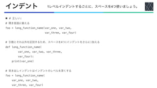 インデント
n # 正しい:
# 開き括弧に揃える
foo = long_function_name(var_one, var_two,
var_three, var_four)
# 引数とそれ以外を区別するため、スペースを4つ(インデントをさらに)加える
def long_function_name(
var_one, var_two, var_three,
var_four):
print(var_one)
# 突き出しインデントはインデントのレベルを深くする
foo = long_function_name(
var_one, var_two,
var_three, var_four)
1レベルインデントするごとに、スペースを4つ使いましょう。
 