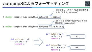 autopep8によるフォーマッティング
修正するソースファイルを直接書き換
える（上書き，--in-place）
-aなし
-aあり
-aをつけると演算子前後の空白まで厳
密に修正（aggressive）
def myfunc(x, y):
z= 2*x - y
return z
def myfunc(x, y):
z= 2*x - y
return z
def myfunc(x, y):
z= 2 * x - y
return z
$ docker compose exec mypython autopep8 -i main.py
$ docker compose exec mypython autopep8 -a -i main.py
 