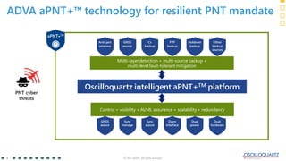 © 2021 ADVA. All rights reserved.
6
ADVA aPNT+™ technology for resilient PNT mandate
Oscilloquartz intelligent aPNT+TM platform
Multi-layer detection + multi-source backup +
multi-levelfault-tolerant mitigation
Control + visibility + AI/ML assurance + scalability + redundancy
GNSS
assure
Sync
manage
Sync
assure
Open
interface
Dual
power
Dual
hardware
Anti-jam
antenna
GNSS
source
Cs
backup
PTP
backup
Holdover
backup
Other
backup
sources
PNT cyber
threats
 