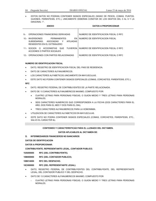 84 (Segunda Sección) DIARIO OFICIAL Lunes 23 de mayo de 2016
• ESTOS DATOS NO PODRAN CONTENER SIGNOS ESPECIALES (SIGNO DE PESOS, COMAS, PUNTOS,
GUIONES, PARENTESIS, ETC.), UNICAMENTE DEBERAN CONSTAR DE LOS DIGITOS DEL 0 AL 9 Y LA
DIAGONAL “/”.
ANEXO DATOS A PROPORCIONAR
9.- OPERACIONES FINANCIERAS DERIVADAS NUMERO DE IDENTIFICACION FISCAL O RFC
10.- INVERSIONES PERMANENTES EN
SUBSIDIARIAS, ASOCIADAS Y AFILIADAS
RESIDENTES EN EL EXTRANJERO
NUMERO DE IDENTIFICACION FISCAL
11.- SOCIOS O ACCIONISTAS QUE TUVIERON
ACCIONES O PARTES SOCIALES
NUMERO DE IDENTIFICACION FISCAL O RFC
12.- OPERACIONES CON PARTES RELACIONADAS NUMERO DE IDENTIFICACION FISCAL O RFC
NUMERO DE IDENTIFICACION FISCAL
• DATO, REGISTRO DE IDENTIFICACION FISCAL DEL PAIS DE RESIDENCIA.
• DATO DE CARACTERES ALFANUMERICOS.
• LOS CARACTERES ALFABETICOS UNICAMENTE EN MAYUSCULAS.
• ESTE DATO NO PODRA CONTENER SIGNOS ESPECIALES (COMAS, CORCHETES, PARENTESIS, ETC.).
RFC
• DATO, REGISTRO FEDERAL DE CONTRIBUYENTES DE LA PARTE RELACIONADA.
• DATO DE 13 CARACTERES ALFANUMERICOS MAXIMO, COMPUESTO POR:
• CUATRO LETRAS PARA PERSONAS FISICAS, O GUION MEDIO Y TRES LETRAS PARA PERSONAS
MORALES.
• SEIS CARACTERES NUMERICOS QUE CORRESPONDEN A LA FECHA (DOS CARACTERES PARA EL
AÑO, DOS PARA EL MES Y DOS PARA EL DIA).
• TRES CARACTERES ALFANUMERICOS PARA LA HOMONIMIA.
• UTILIZACION DE CARACTERES ALFABETICOS EN MAYUSCULAS.
• ESTE DATO NO PODRA CONTENER SIGNOS ESPECIALES (COMAS, CORCHETES, PARENTESIS, ETC.,
SALVO EL CARACTER &).
CONTENIDO Y CARACTERISTICAS PARA EL LLENADO DEL DICTAMEN.
DATOS APLICABLES AL DICTAMEN DE:
D. INTERMEDIARIOS FINANCIEROS NO BANCARIOS
DATOS DE IDENTIFICACION
DATOS A PROPORCIONAR:
CONTRIBUYENTE, REPRESENTANTE LEGAL, CONTADOR PUBLICO.
10A000000 RFC (DEL CONTRIBUYENTE).
10B000000 RFC (DEL CONTADOR PUBLICO).
10B014000 RFC DEL DESPACHO.
10C000000 RFC (DEL REPRESENTANTE LEGAL).
• DATO, REGISTRO FEDERAL DE CONTRIBUYENTES DEL CONTRIBUYENTE, DEL REPRESENTANTE
LEGAL, DEL CONTADOR PUBLICO Y DEL DESPACHO.
• DATO DE 13 CARACTERES ALFANUMERICOS MAXIMO, COMPUESTO POR:
- CUATRO LETRAS PARA PERSONAS FISICAS; O GUION MEDIO Y TRES LETRAS PARA PERSONAS
MORALES.
 