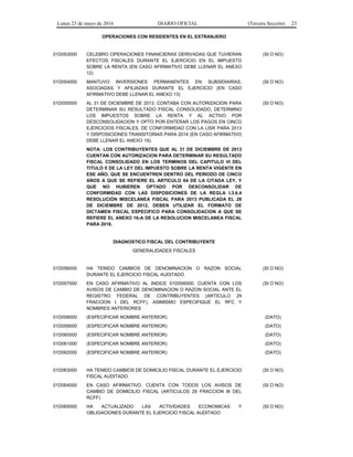 Lunes 23 de mayo de 2016 DIARIO OFICIAL (Tercera Sección) 23
OPERACIONES CON RESIDENTES EN EL EXTRANJERO
01D053000 CELEBRO OPERACIONES FINANCIERAS DERIVADAS QUE TUVIERAN
EFECTOS FISCALES DURANTE EL EJERCICIO EN EL IMPUESTO
SOBRE LA RENTA (EN CASO AFIRMATIVO DEBE LLENAR EL ANEXO
12)
(SI O NO)
01D054000 MANTUVO INVERSIONES PERMANENTES EN SUBSIDIARIAS,
ASOCIADAS Y AFILIADAS DURANTE EL EJERCICIO (EN CASO
AFIRMATIVO DEBE LLENAR EL ANEXO 13)
(SI O NO)
01D055000 AL 31 DE DICIEMBRE DE 2013, CONTABA CON AUTORIZACION PARA
DETERMINAR SU RESULTADO FISCAL CONSOLIDADO, DETERMINO
LOS IMPUESTOS SOBRE LA RENTA Y AL ACTIVO POR
DESCONSOLIDACION Y OPTO POR ENTERAR LOS PAGOS EN CINCO
EJERCICIOS FISCALES, DE CONFORMIDAD CON LA LISR PARA 2013
Y DISPOSICIONES TRANSITORIAS PARA 2014 (EN CASO AFIRMATIVO
DEBE LLENAR EL ANEXO 19).
(SI O NO)
NOTA: LOS CONTRIBUYENTES QUE AL 31 DE DICIEMBRE DE 2013
CUENTAN CON AUTORIZACION PARA DETERMINAR SU RESULTADO
FISCAL CONSOLIDADO EN LOS TERMINOS DEL CAPITULO VI DEL
TITULO II DE LA LEY DEL IMPUESTO SOBRE LA RENTA VIGENTE EN
ESE AÑO, QUE SE ENCUENTREN DENTRO DEL PERIODO DE CINCO
AÑOS A QUE SE REFIERE EL ARTICULO 64 DE LA CITADA LEY, Y
QUE NO HUBIEREN OPTADO POR DESCONSOLIDAR DE
CONFORMIDAD CON LAS DISPOSICIONES DE LA REGLA I.3.6.4
RESOLUCIÓN MISCELANEA FISCAL PARA 2013 PUBLICADA EL 28
DE DICIEMBRE DE 2012, DEBEN UTILIZAR EL FORMATO DE
DICTAMEN FISCAL ESPECIFICO PARA CONSOLIDACION A QUE SE
REFIERE EL ANEXO 16-A DE LA RESOLUCION MISCELANEA FISCAL
PARA 2016.
DIAGNOSTICO FISCAL DEL CONTRIBUYENTE
GENERALIDADES FISCALES
01D056000 HA TENIDO CAMBIOS DE DENOMINACION O RAZON SOCIAL
DURANTE EL EJERCICIO FISCAL AUDITADO
(SI O NO)
01D057000 EN CASO AFIRMATIVO AL INDICE 01D056000, CUENTA CON LOS
AVISOS DE CAMBIO DE DENOMINACION O RAZON SOCIAL ANTE EL
REGISTRO FEDERAL DE CONTRIBUYENTES (ARTICULO 29
FRACCION I DEL RCFF), ASIMISMO ESPECIFIQUE EL RFC Y
NOMBRES ANTERIORES
(SI O NO)
01D058000 (ESPECIFICAR NOMBRE ANTERIOR) (DATO)
01D059000 (ESPECIFICAR NOMBRE ANTERIOR) (DATO)
01D060000 (ESPECIFICAR NOMBRE ANTERIOR) (DATO)
01D061000 (ESPECIFICAR NOMBRE ANTERIOR) (DATO)
01D062000 (ESPECIFICAR NOMBRE ANTERIOR) (DATO)
01D063000 HA TENIDO CAMBIOS DE DOMICILIO FISCAL DURANTE EL EJERCICIO
FISCAL AUDITADO
(SI O NO)
01D064000 EN CASO AFIRMATIVO, CUENTA CON TODOS LOS AVISOS DE
CAMBIO DE DOMICILIO FISCAL (ARTICULOS 29 FRACCION III DEL
RCFF)
(SI O NO)
01D065000 HA ACTUALIZADO LAS ACTIVIDADES ECONOMICAS Y
OBLIGACIONES DURANTE EL EJERCICIO FISCAL AUDITADO
(SI O NO)
 