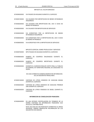 98 (Cuarta Sección) DIARIO OFICIAL Lunes 23 de mayo de 2016
IMPUESTO AL VALOR AGREGADO
40180080000000 IVA PAGADO EN ADUANAS DURANTE EL EJERCICIO
40180081000000 IVA CAUSADO POR IMPORTACION DE BIENES INTANGIBLES
ADQUIRIDOS
40180082000000 IVA CAUSADO POR IMPORTACION DEL USO O GOCE DE
BIENES INTANGIBLES
40180083000000 IVA CAUSADO POR IMPORTACION DE SERVICIOS
40180084000000 IVA ACREDITADO POR LA IMPORTACION DE BIENES
INTANGIBLES ADQUIRIDOS
40180085000000 IVA ACREDITADO POR LA IMPORTACION DEL USO O GOCE
DE BIENES INTANGIBLES
40180086000000 IVA ACREDITADO POR LA IMPORTACION DE SERVICIOS
IMPUESTO ESPECIAL SOBRE PRODUCCION Y SERVICIOS
40180087000000 IEPS PAGADO EN ADUANAS DURANTE EL EJERCICIO
40180088000000 NUMERO DE CIGARROS ENAJENADOS DURANTE EL
EJERCICIO
40180089000000 NUMERO DE CIGARROS IMPORTADOS DURANTE EL
EJERCICIO
40180090000000 DURANTE EL EJERCICIO REALIZO VENTA FINAL AL PUBLICO
EN GENERAL EN TERRITORIO NACIONAL DE GASOLINAS Y/O
DIESEL
EN CASO AFIRMATIVO DEBERA MANIFESTAR INFORMACION
EN LOS SIGUIENTES RENGLONES:
40180091000000 CANTIDAD DE LITROS VENDIDOS DE GASOLINA MAGNA
DURANTE EL EJERCICIO
40180092000000 CANTIDAD DE LITROS VENDIDOS DE GASOLINA PREMIUM
UBA DURANTE EL EJERCICIO
40180093000000 CANTIDAD DE LITROS VENDIDOS DE DIESEL DURANTE EL
EJERCICIO
INFORMACION DE CONSOLIDACION FINANCIERA
40180094000000 ES UNA ENTIDAD CONTROLADORA EN TERMINOS DE LA
NORMA CONTABLE DE INFORMACION FINANCIERA QUE
APLICA EL CONTRIBUYENTE
NOTA: EN CASO DE UNA RESPUESTA AFIRMATIVA AL INDICE
ANTERIOR, DEBERA MANIFESTAR INFORMACION EN LOS
SIGUIENTES DOS INDICES:
 