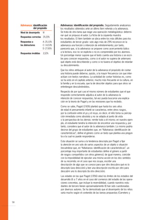 Adivinanza: identificación         Adivinanza: identificación del propósito. Seguidamente analizamos
                 del propósito          los resultados obtenidos ante un último ítem referido a la adivinanza.
     Nivel de desempeño     IV          Se trata de otra tarea que exige una operación metalingüística: determi-
                                        nar qué se propuso el autor. La ficha de la izquierda muestra
     Respuestas correctas 29,20%
                                        los resultados. El ítem también se ubica entre los más difíciles para los
     Respuestas a           A: 25,10%   estudiantes de tercer grado: solo algo más de 29% reconoce en la
     los distractores       C: 14,53%   adivinanza una función o intención de entretenimiento; por tanto,
                            D: 27,65%   parecería que, si la adivinanza se propone como acercamiento lúdico
                                        a la lectura, eso no se explicita o no es comprendido por los alumnos.
     Respuestas inválidas   3,52%
                                        Un porcentaje menor supone que el texto cuenta una historia o se escri-
                                        be para conocer respuestas, como si el autor no supiera de antemano
                                        qué objeto está describiendo y como si no tuviera el objetivo de retardar
                                        su descubrimiento.

                                        Que los niños atribuyan al autor de la adivinanza el propósito de contar
                                        una historia puede deberse, quizás, a la mayor frecuencia con que inter-
                                        actúan con textos narrativos. La actividad de contar historias es, como
                                        se ha visto en el capítulo anterior, mucho más frecuente en la cultura, en
                                        la familia y en la escuela, que la de describir objetos para que otros se
                                        entretengan descubriéndolos.

                                        Respecto de por qué casi el mismo número de estudiantes que el que
                                        responde correctamente adjudica al autor de la adivinanza la
                                        intención de conocer respuestas, tal vez pueda buscarse una explica-
                                        ción en la teoría de Piaget y en las revisiones que ha recibido.

                                        Como se sabe, Piaget (1926) planteó que hasta los seis años
                                        de edad el pensamiento infantil se caracteriza, entre otros rasgos,
                                        por la confusión entre el yo y el no-yo, es decir, el niño toma su percep-
                                        ción inmediata como absoluta y no se adapta al punto de vista
                                        o la perspectiva de los demás: remite todo a él mismo; en nuestro ejem-
                                        plo, el estudiante tendría la intención de encontrar una respuesta y, por
                                        tanto, considera que el autor de la adivinanza también. Lo mismo podría
                                        decirse del grupo de estudiantes que, en “Adivinanza: identificación de
                                        características”, define el género como un texto que plantea una pregun-
                                        ta a la cual no puede responderse.

                                        Esta situación se suma a la tendencia descripta por Piaget a fijar
                                        la atención en uno solo de varios aspectos de un objeto o situación
                                        (recuérdese que, en “Adivinanza: identificación de características”, un
                                        porcentaje muy importante de estudiantes define el género a partir
                                        de rasgos compartidos con otros géneros); de igual manera, coincide
                                        con la imposibilidad de ejecutar una misma acción en los dos sentidos
                                        de su recorrido; en el caso que nos ocupa, escribir una
                                        descripción de algo que se conoce para que otro descubra qué es lo
                                        descripto (una dirección) y leer una descripción escrita por otro para
                                        descubrir uno lo descripto (la otra dirección).

                                        Las edades en las que Piaget (1956) situó los límites de los estadios del
                                        desarrollo (6 a 7 años en el caso del comienzo del estadio de las opera-
                                        ciones concretas, que incluye la reversibilidad, cuando nuestros estu-
                                        diantes de tercero tienen aproximadamente 8) han sido cuestionadas
                                        por diversos autores. Se ha demostrado que el desempeño de los niños
                                        varía mucho según el contenido de las tareas propuestas (Carretero y


58
 